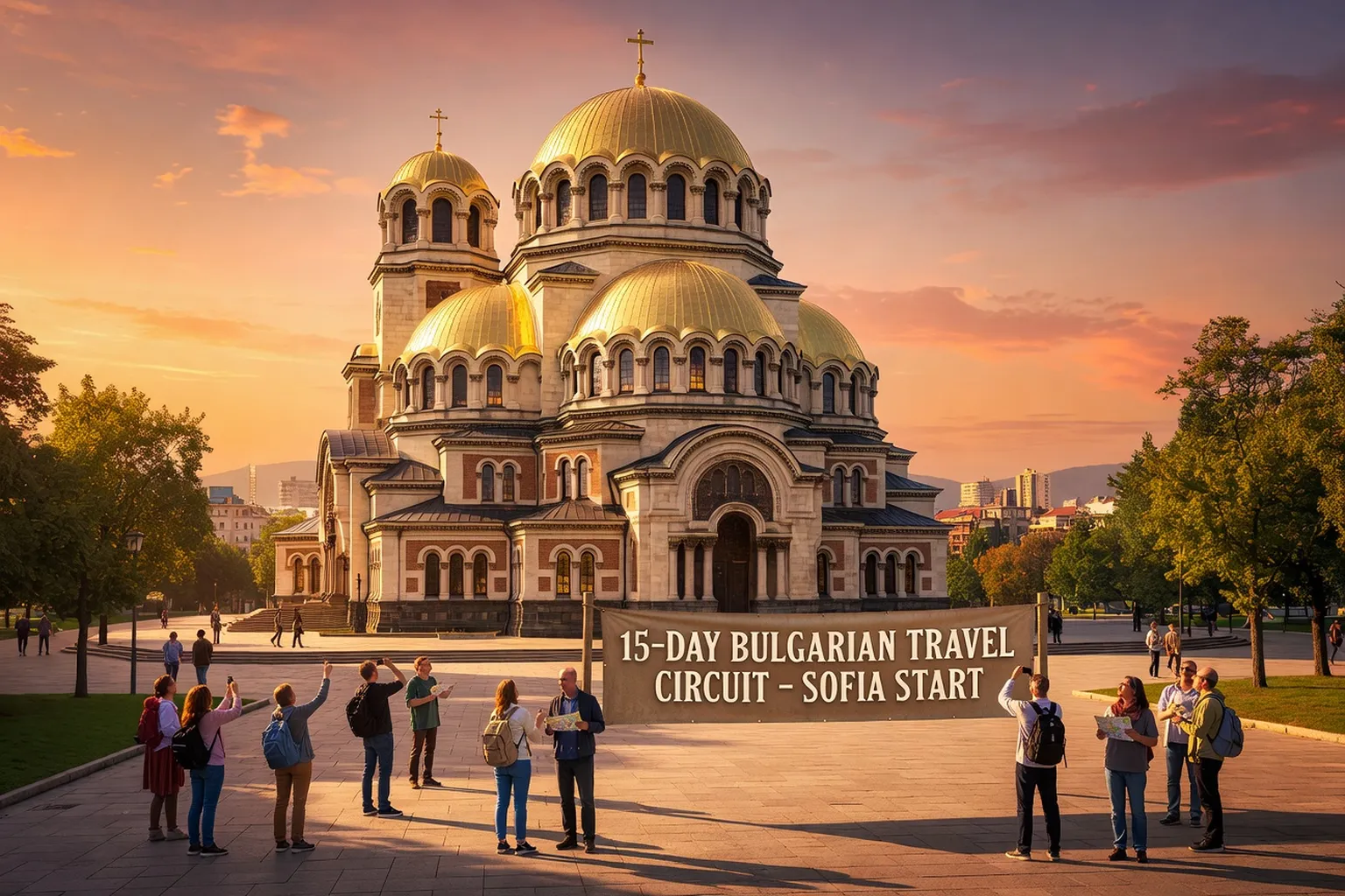 Cathédrale Alexandre Nevski à Sofia avec ses coupoles dorées au coucher du soleil, capitale bulgare emblématique pour démarrer un circuit de 15 jours