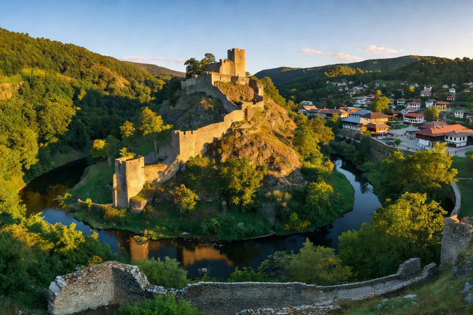 Forteresse de Tsarevets à Veliko Tarnovo dominant les méandres de la rivière Yantra, ancienne capitale médiévale du Deuxième Empire bulgare
