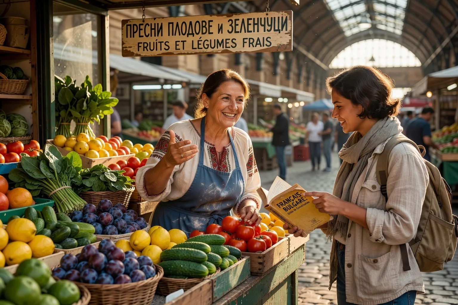Conversation francophone-bulgare au marché de Sofia, vendeuse souriante avec produits frais devant son étal de fruits et légumes