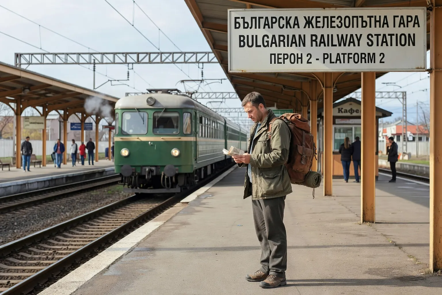 Panneau bilingue cyrillique-latin en bulgare dans une gare bulgare, scène voyageur consultant son guide de poche