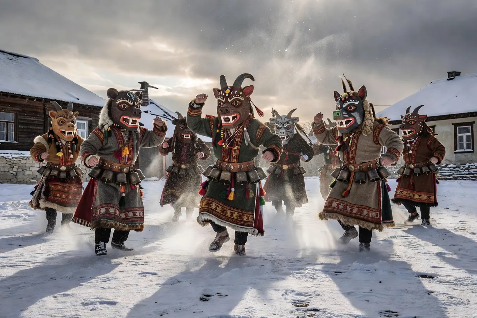 Festival Surva à Pernik avec kukeri en costumes traditionnels bulgares portant des masques et cloches