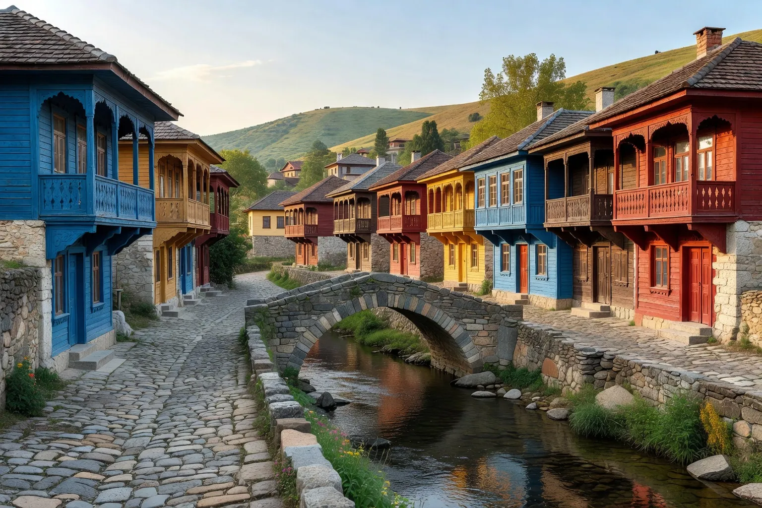 Vue du village traditionnel de Koprivshtitsa avec ses maisons colorées de la Renaissance bulgare et son pont en pierre