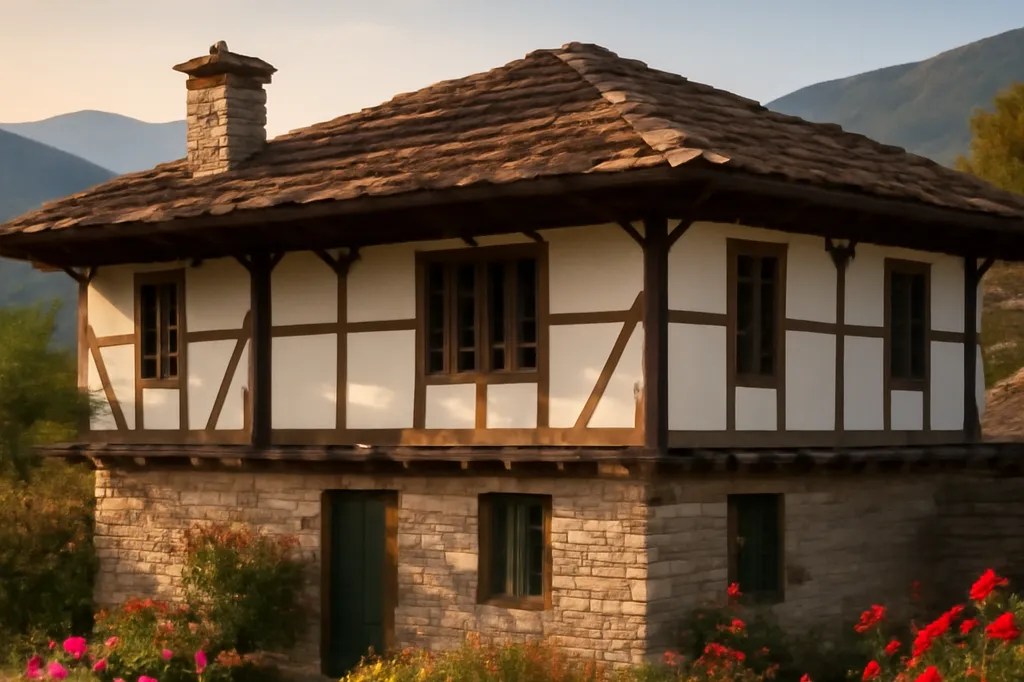 Maison traditionnelle bulgare a colombages entouree d'un jardin, region rurale