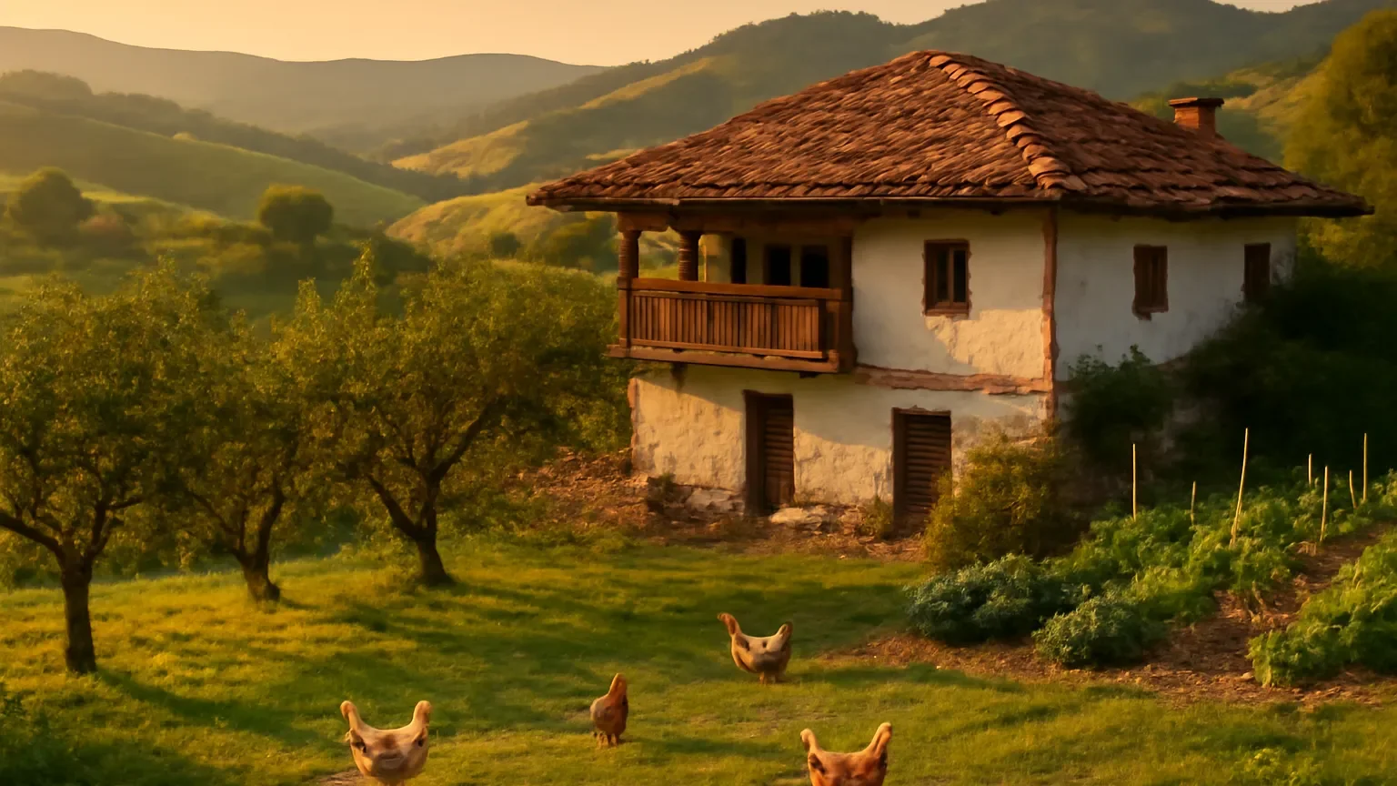 Ferme traditionnelle bulgare avec vergers et animaux, agrotourisme rural en Bulgarie