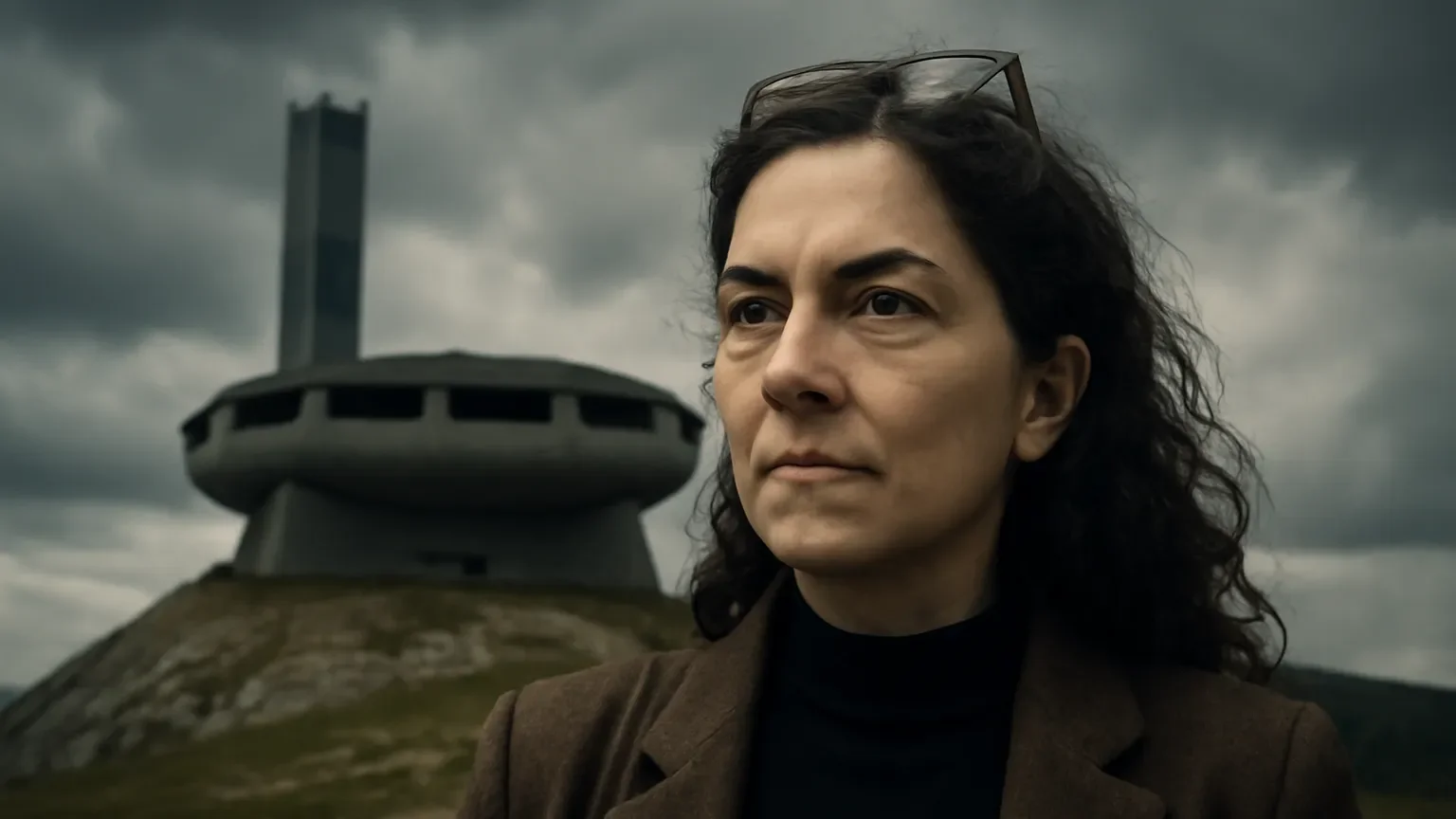 Iva Genova devant le monument de Buzludzha, architecture communiste bulgare emblematique