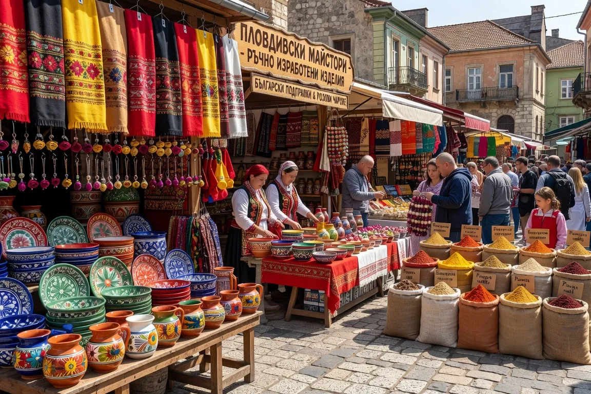 Marché artisanal coloré à Plovdiv avec poteries peintes et broderies folkloriques bulgares