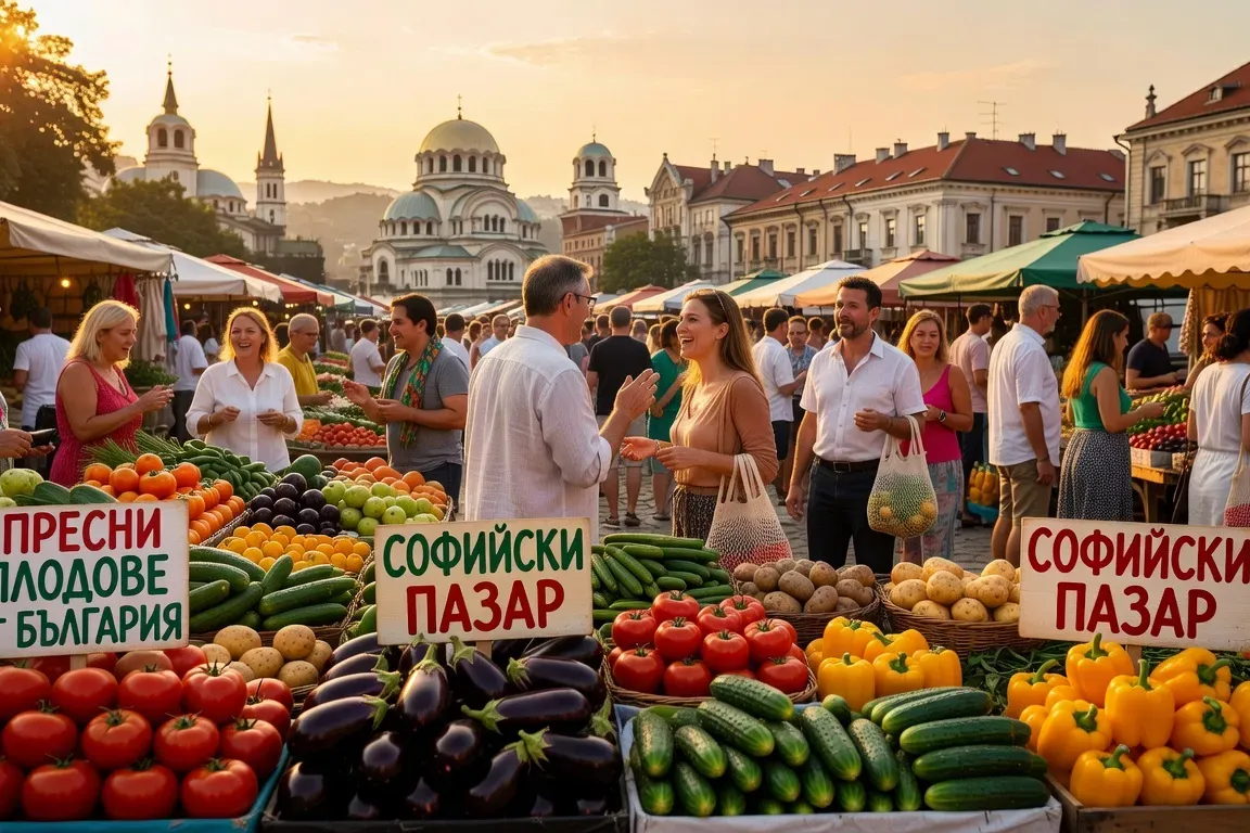 Marché coloré bulgare avec fruits et légumes frais, Sofia en arrière-plan au coucher du soleil