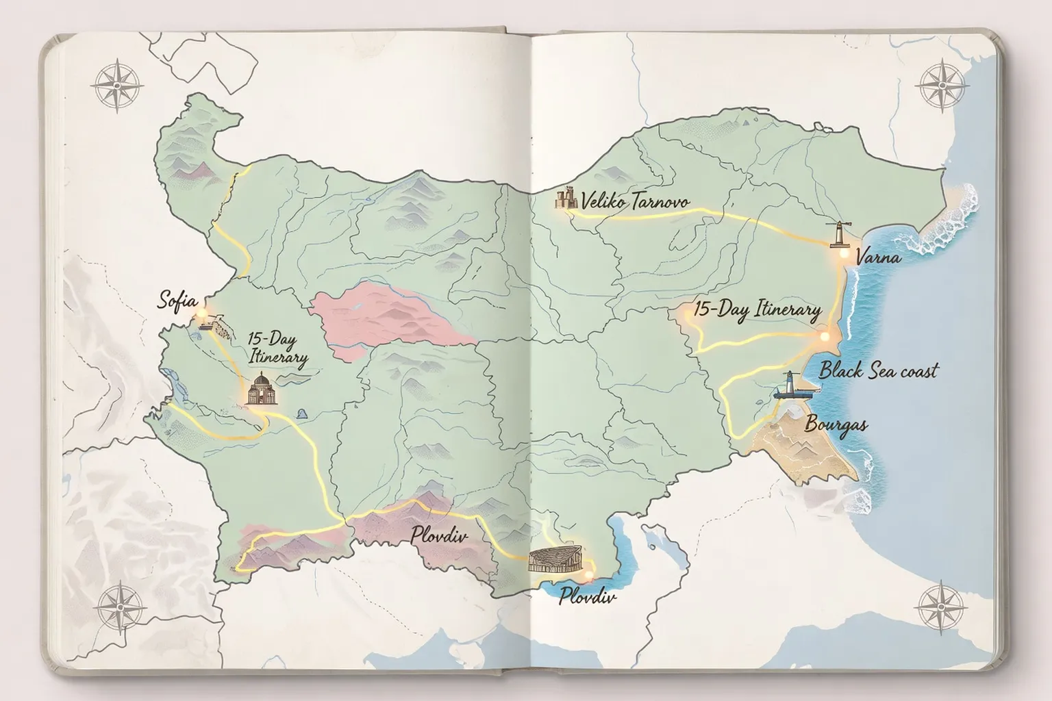Carte stylisée de la Bulgarie avec les étapes principales d'un circuit de 15 jours : Sofia, Plovdiv, Veliko Tarnovo, Varna et la mer Noire