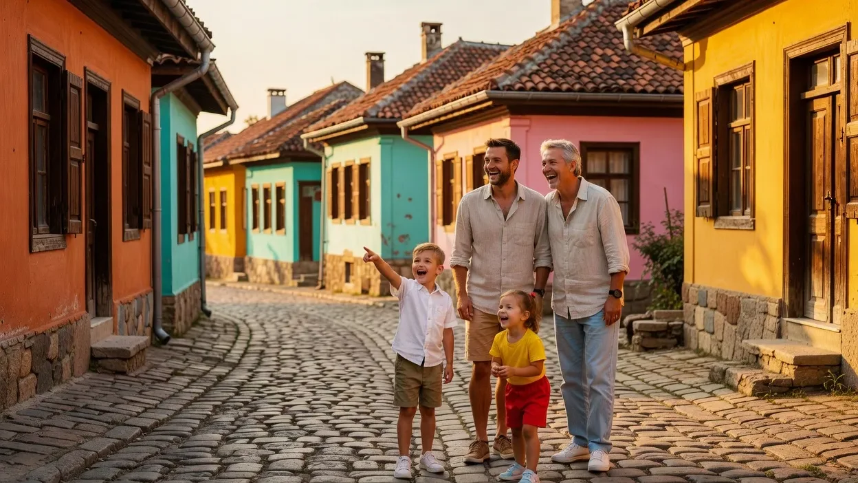 Famille avec enfants visitant un site touristique en Bulgarie, ambiance conviviale