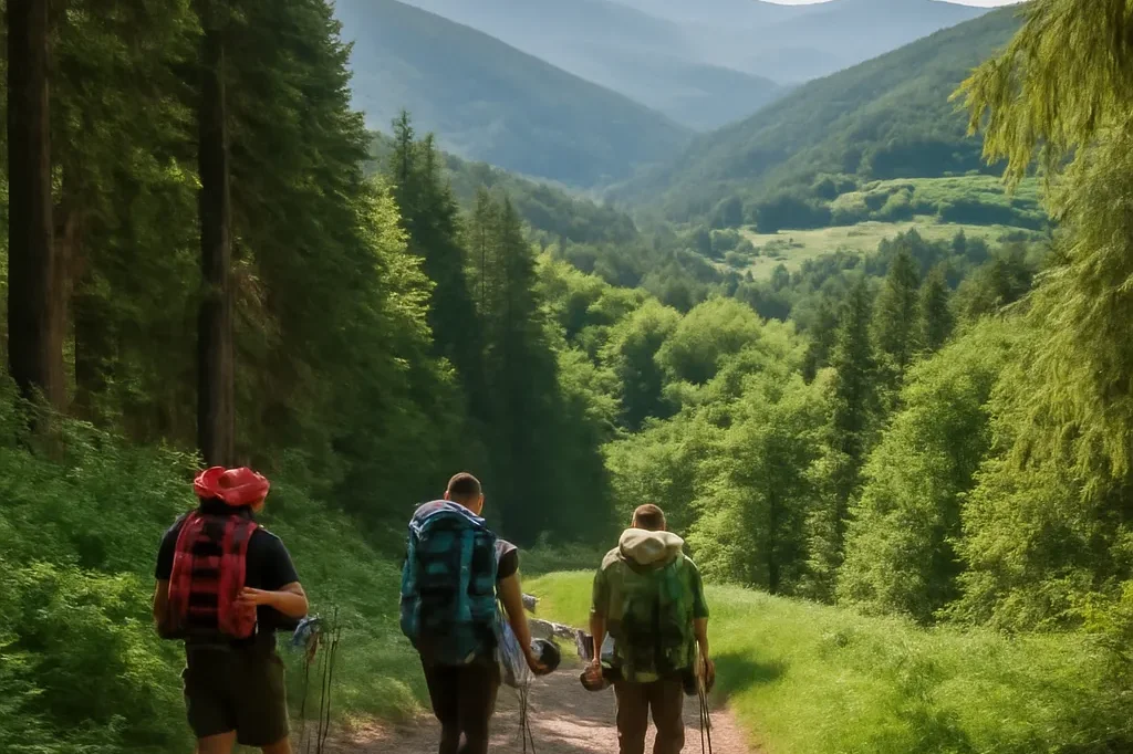 Village traditionnel des Rhodopes bulgares au lever du soleil avec maisons en pierre