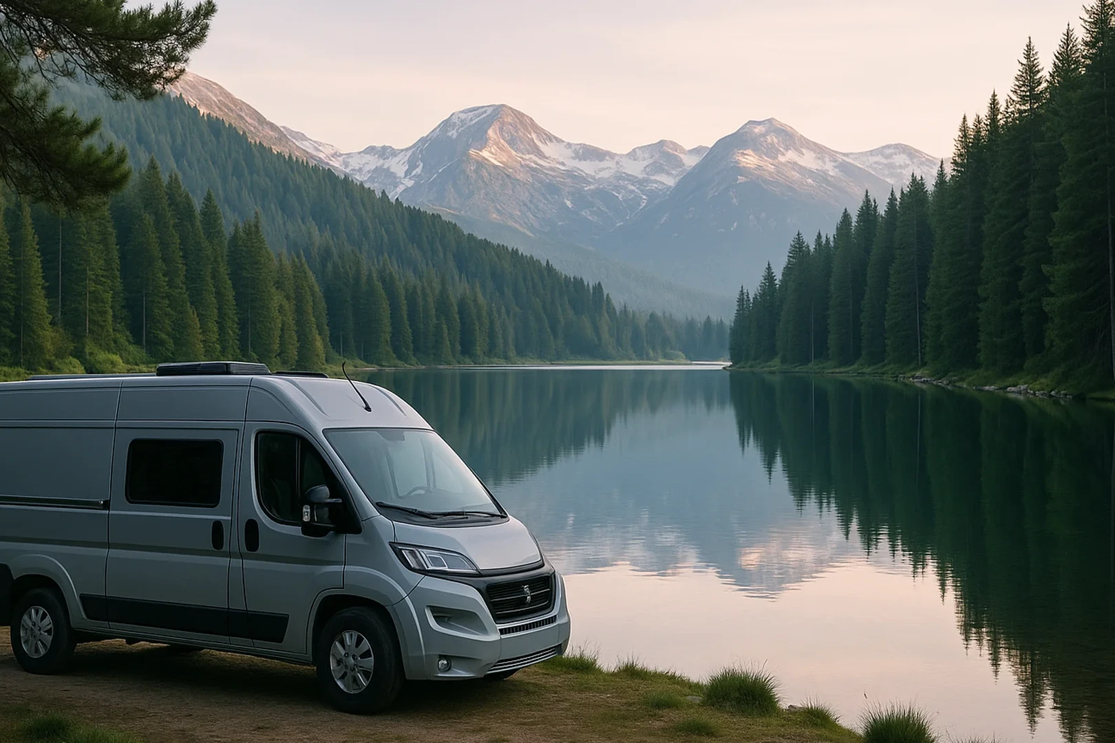 Camping-car stationné au bord d'un lac de montagne en Bulgarie, forêts de pins et sommets enneigés en arrière-plan
