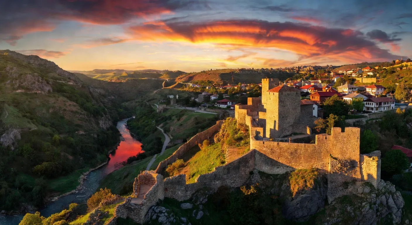 Vue sur la forteresse de Veliko Tarnovo surplombant la rivière Yantra lors d'un circuit de 15 jours en Bulgarie