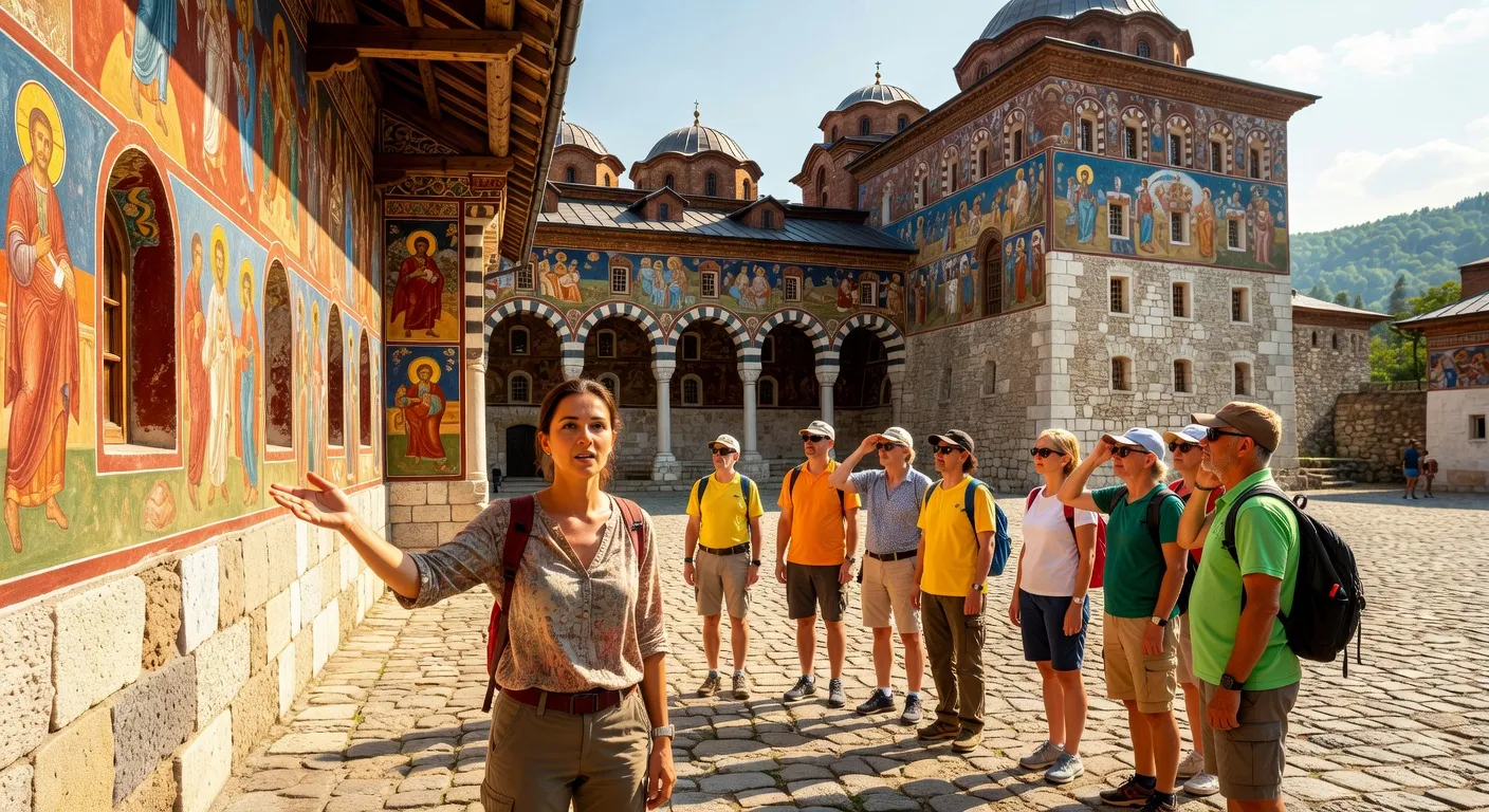 Groupe de voyageurs en circuit accompagné devant le monastère de Rila en Bulgarie