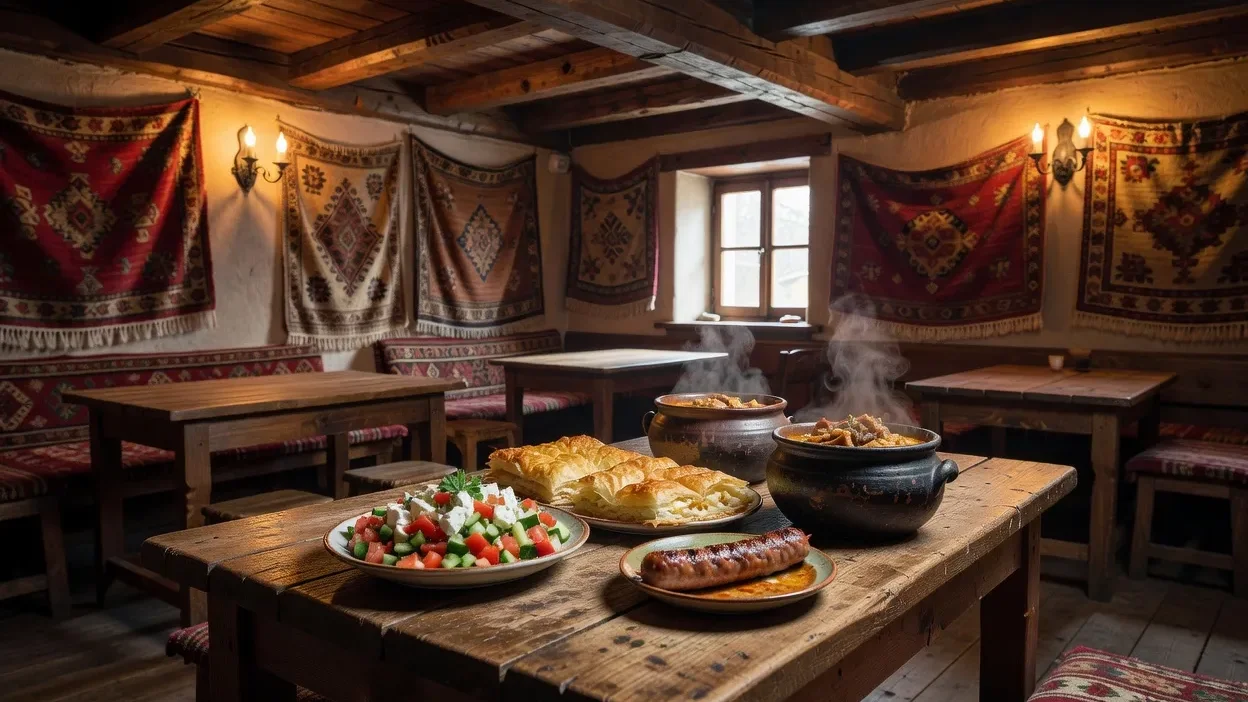 Table dressee avec plats traditionnels bulgares dans une mehana authentique, banitsa et chorba