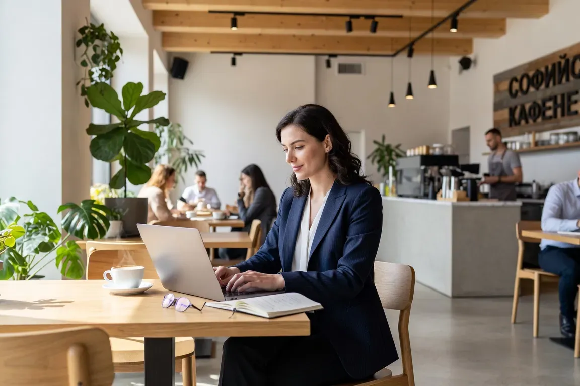 Jeune professionnel travaillant sur un ordinateur portable dans un café moderne de Sofia, intérieur bulgare contemporain, lumière naturelle