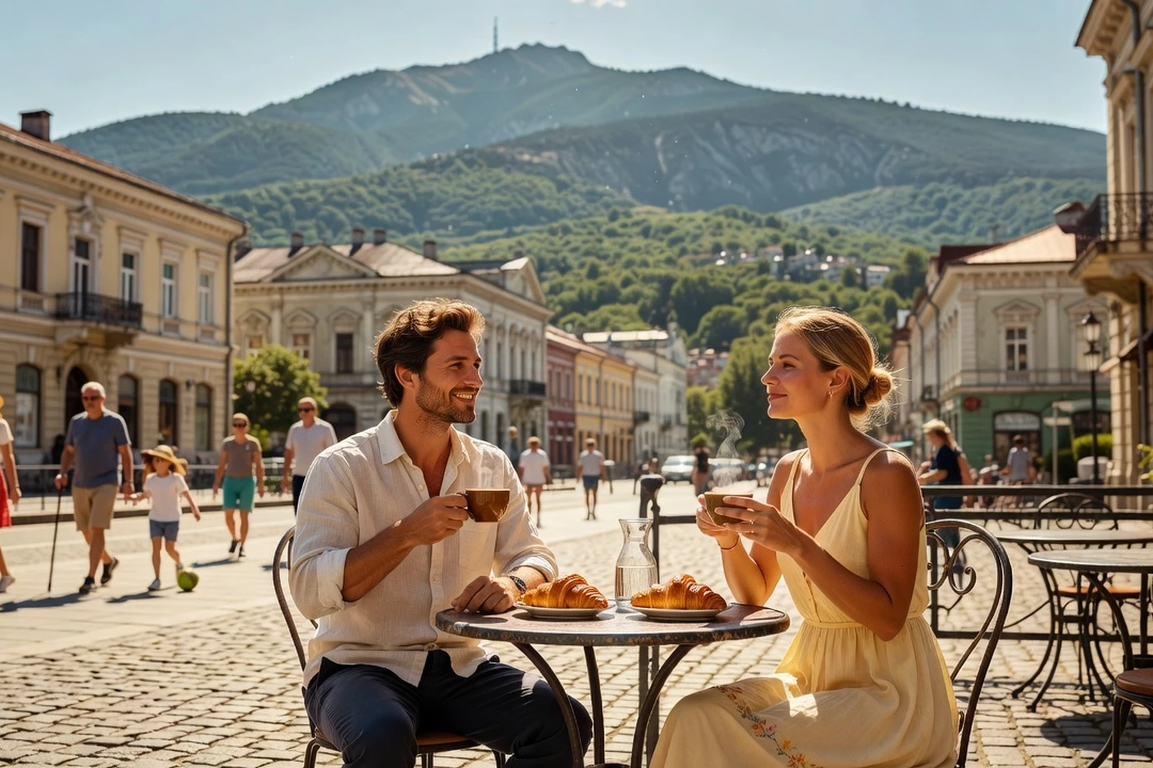 Couple d'expatriés français prenant un café en terrasse sur le boulevard Vitosha à Sofia