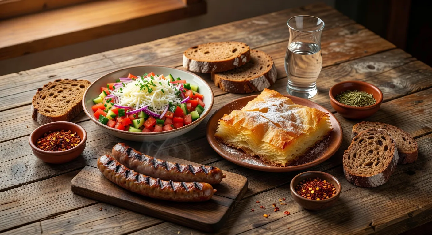 Table de spécialités bulgares traditionnelles avec shopska salata, banitsa et rakia