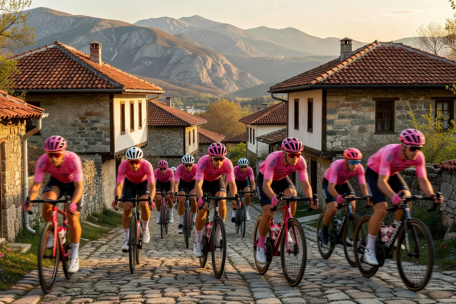 Peloton du Giro d'Italia traversant un village bulgare avec en arrière-plan les Balkans, étape Burgas Veliko Tarnovo