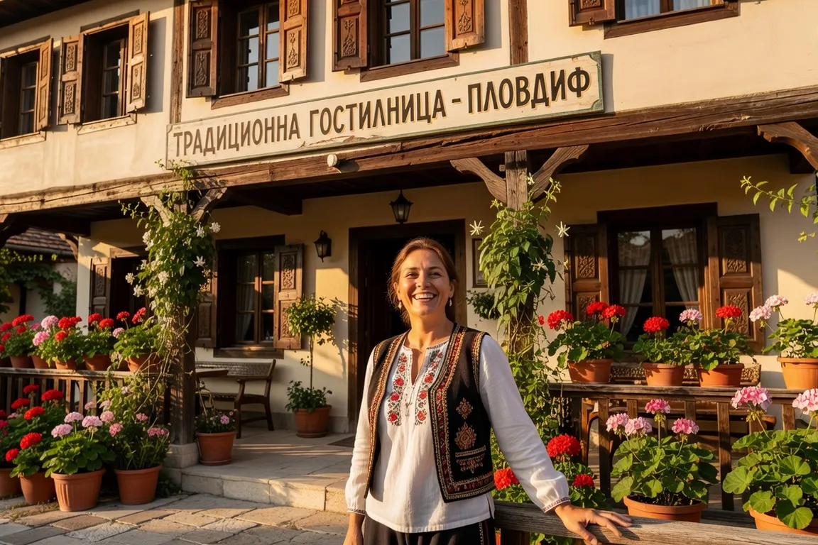 Portrait de Petya Nikolova devant sa maison d'hôtes traditionnelle rénovée à Plovdiv, terrasse fleurie