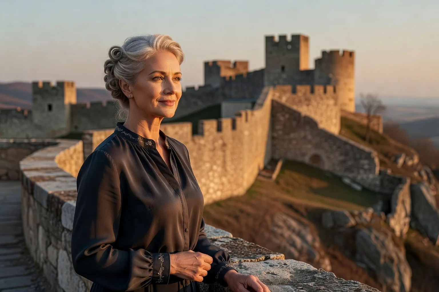 Elena Marinova, historienne bulgare, dans la vieille ville de Veliko Tarnovo avec la forteresse de Tsarevets en arrière-plan