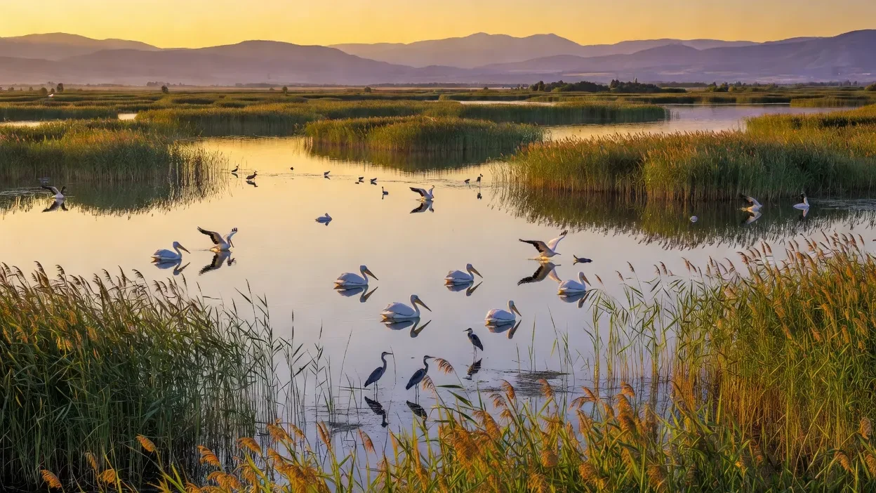 Reserve naturelle du lac de Srebarna en Bulgarie avec oiseaux migrateurs au coucher du soleil
