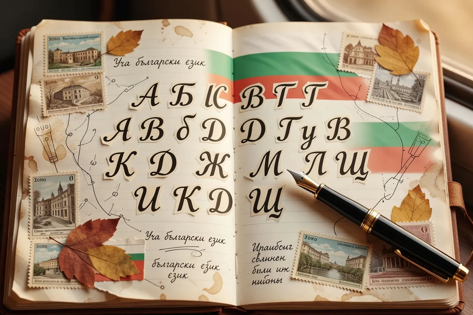 Composition alphabet cyrillique bulgare stylisée sur fond carnet de voyage avec plume et drapeau bulgare en filigrane