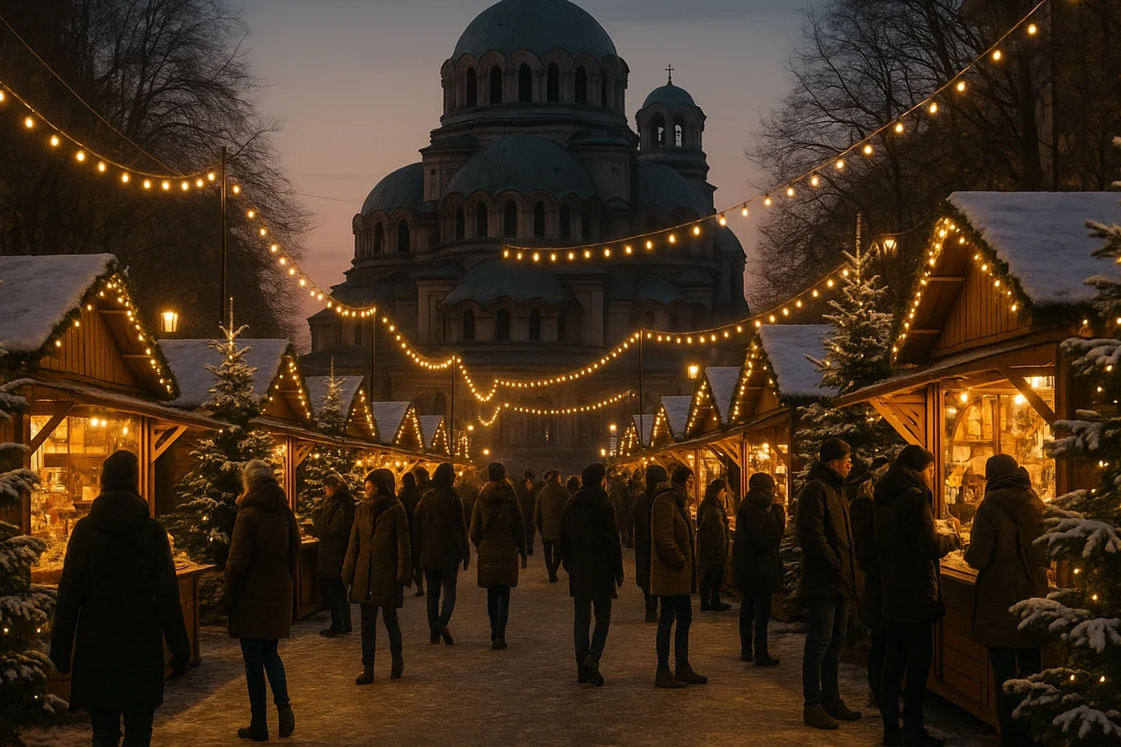 Marché de Noël animé sur le boulevard Vitosha à Sofia, étales illuminées, sapins enneigés et passants en habits d'hiver