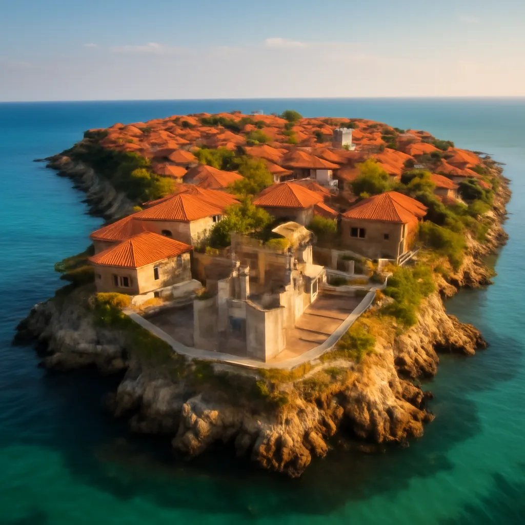 Vieille ville de Nessebar sur sa presqu'île rocheuse avec les ruines byzantines et la mer Noire au coucher du soleil