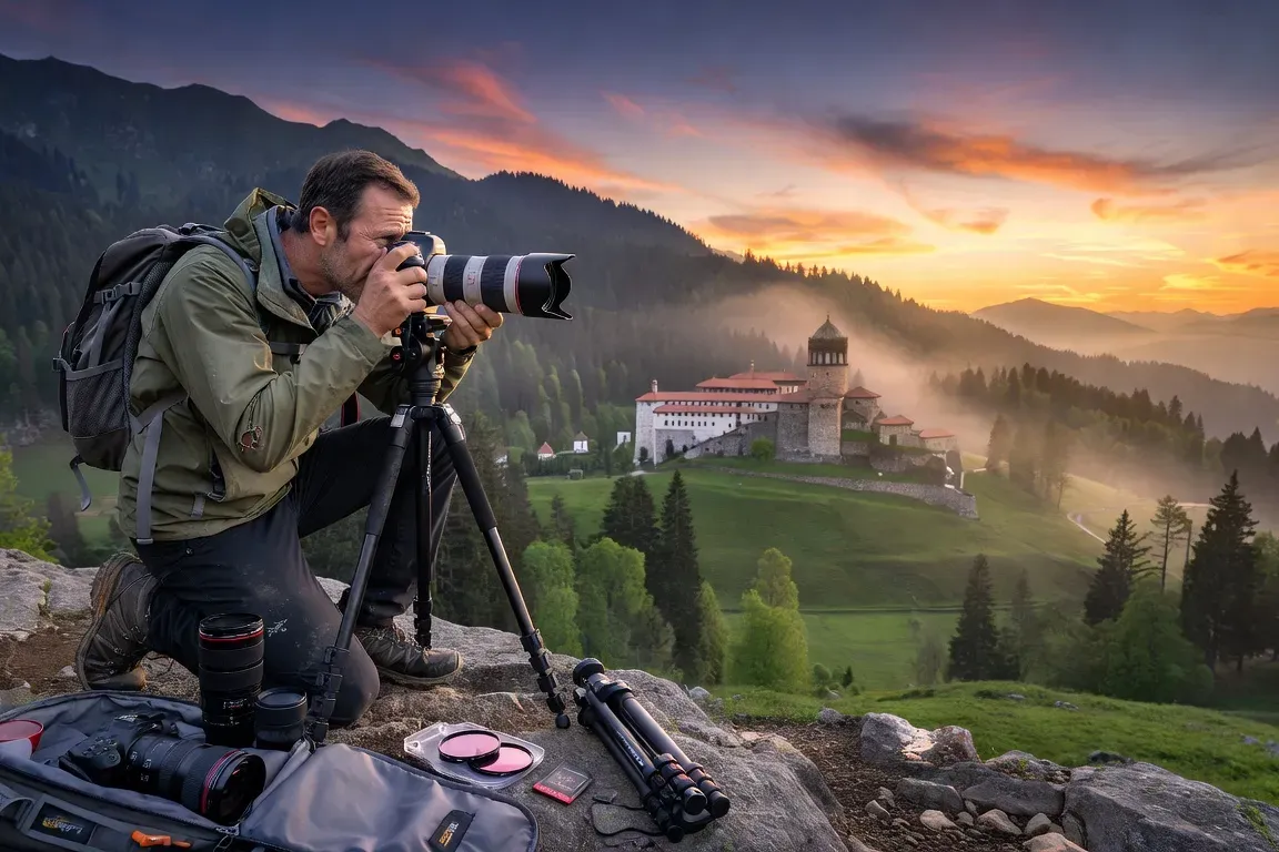 Photographe avec son appareil photo face au monastère de Rila en Bulgarie au lever du soleil, paysage de montagne des Balkans