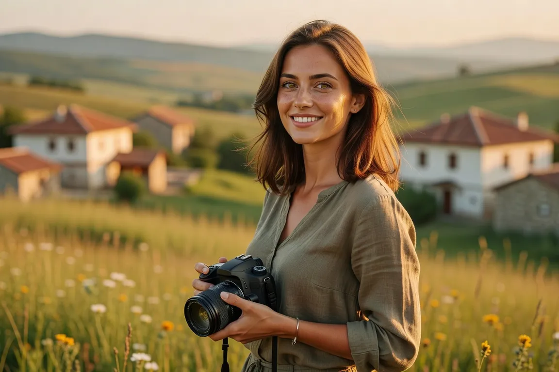 Portrait de Milena Todorova, photographe documentaire bulgare, appareil photo en main devant un paysage des Balkans