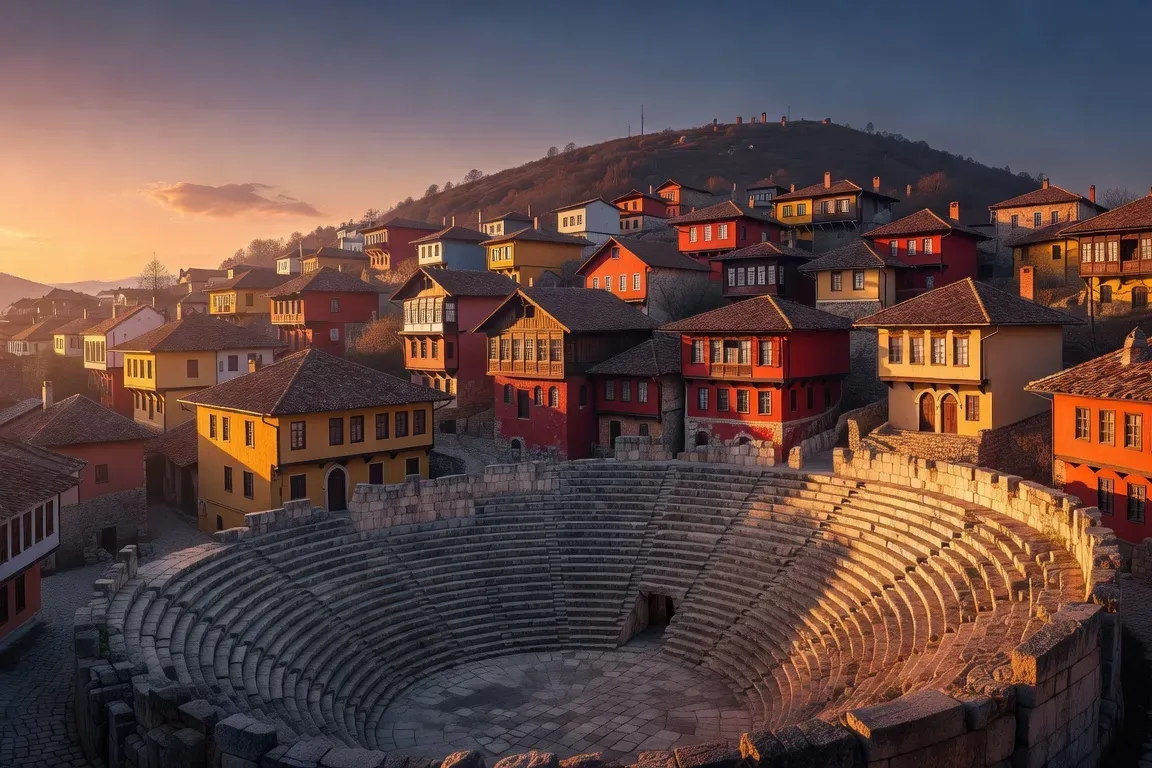 Vue panoramique sur la vieille ville de Plovdiv au coucher du soleil, amphithéâtre romain et maisons colorées sur la colline