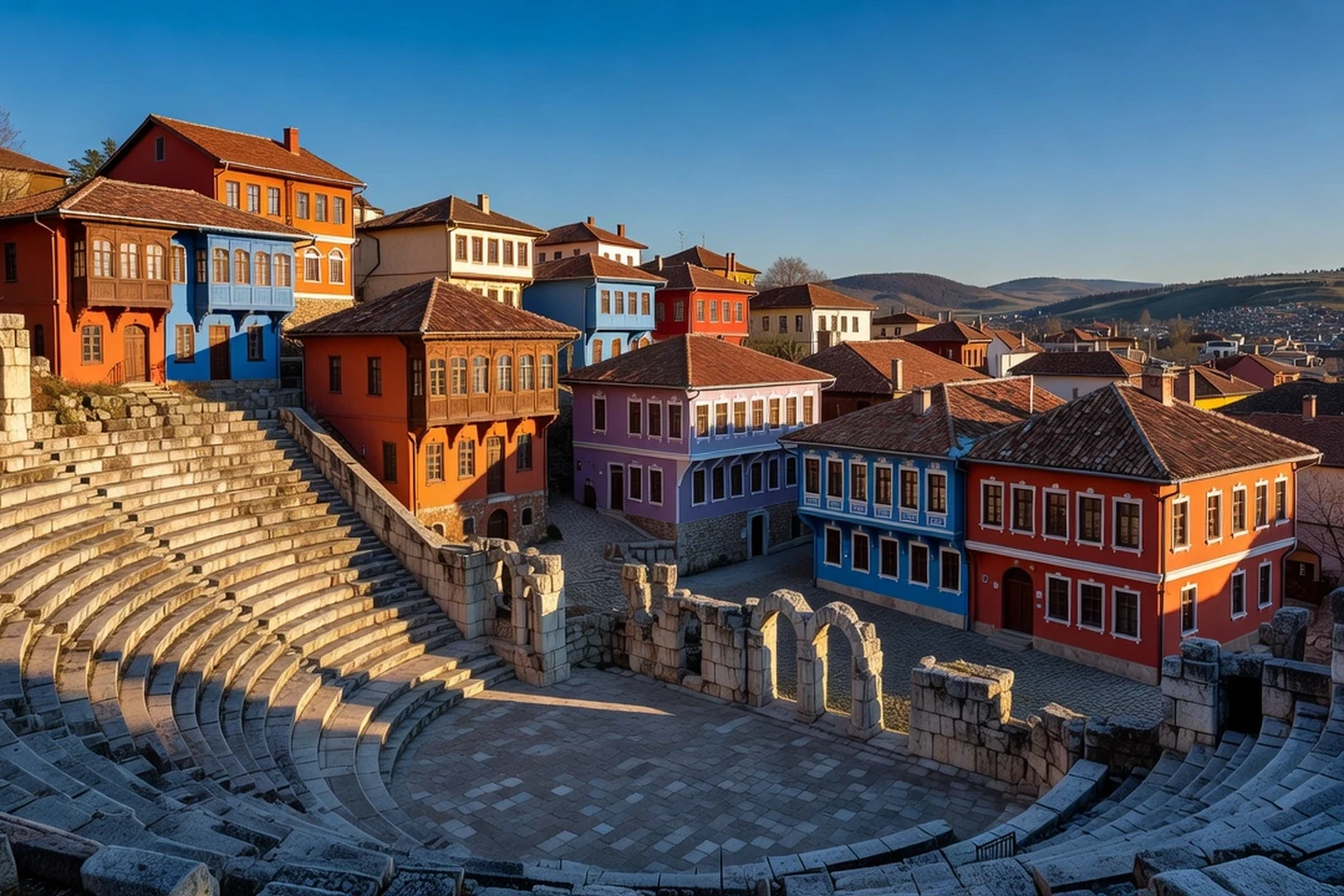 Vue panoramique du théâtre romain et des maisons colorées de la vieille ville de Plovdiv