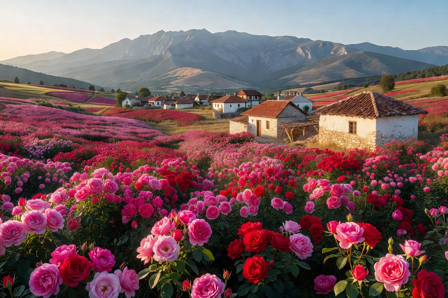 Vue panoramique de la vallée des Roses en Bulgarie au printemps avec champs de roses en fleur et montagnes des Balkans