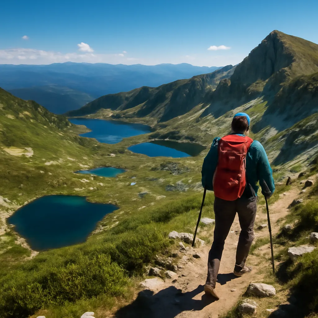 Guide de randonnée Pierre Delacroix en tenue outdoor devant le massif du Rila en Bulgarie