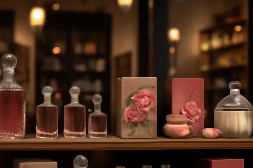 Vitrine de cosmetiques a la rose de Damas dans une boutique de Sofia