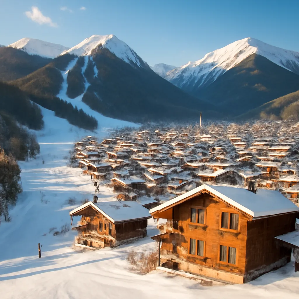 Piste de ski enneigée à Bansko en Bulgarie avec les sommets des Balkans en arrière-plan