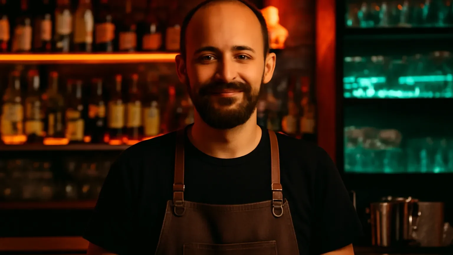 Dimitar Kolev dans un bar a cocktails de Sofia la nuit, ambiance urbaine