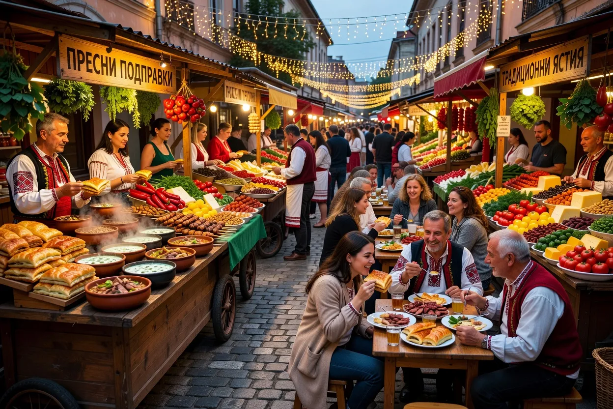 Etal de banitsa et pains traditionnels bulgares sur un marche de Sofia