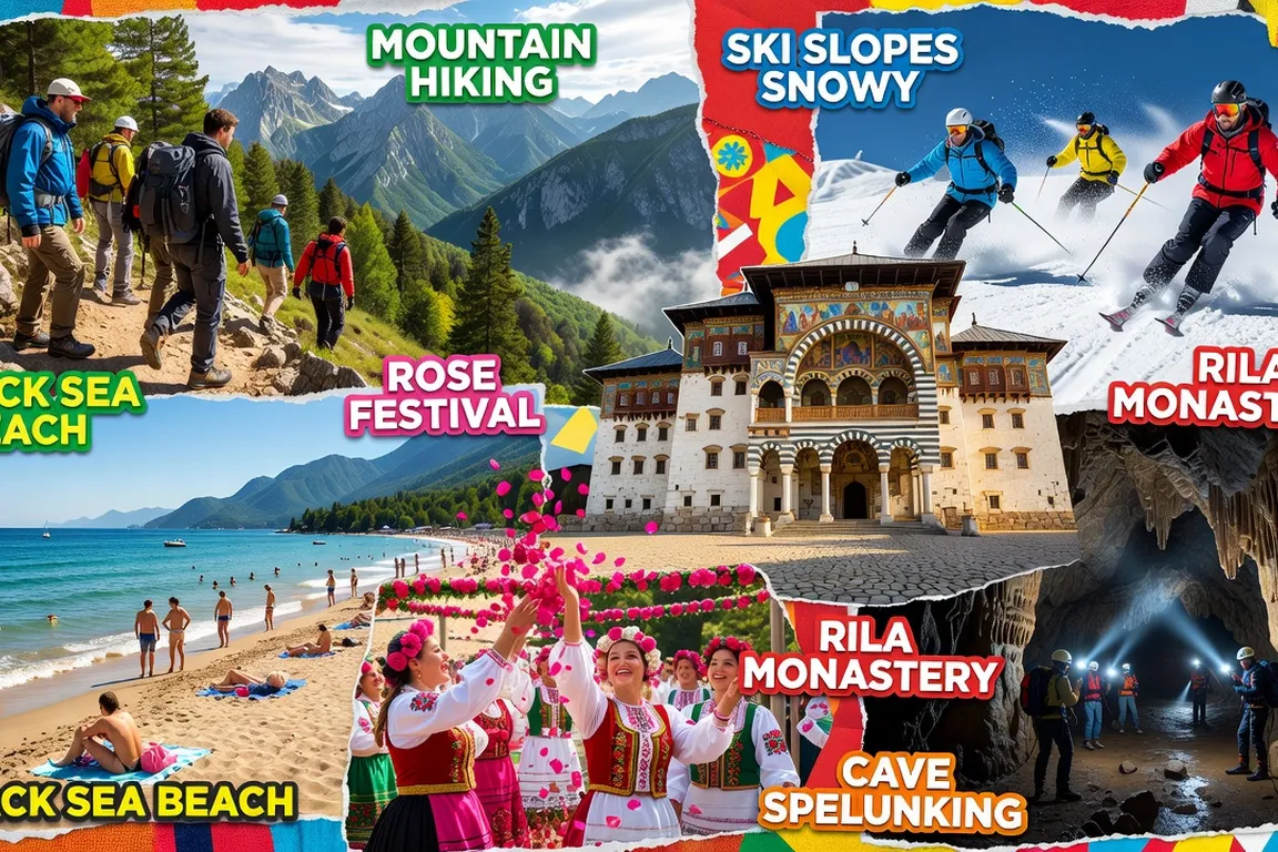 Collage d'activités en Bulgarie : randonnée, plage, ski, monastère de Rila et festival des roses