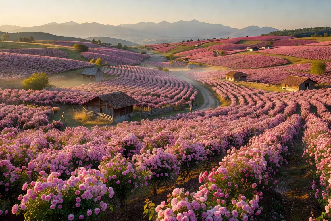 Champs de rosa damascena en pleine floraison dans la Vallée des Roses de Bulgarie au lever du soleil