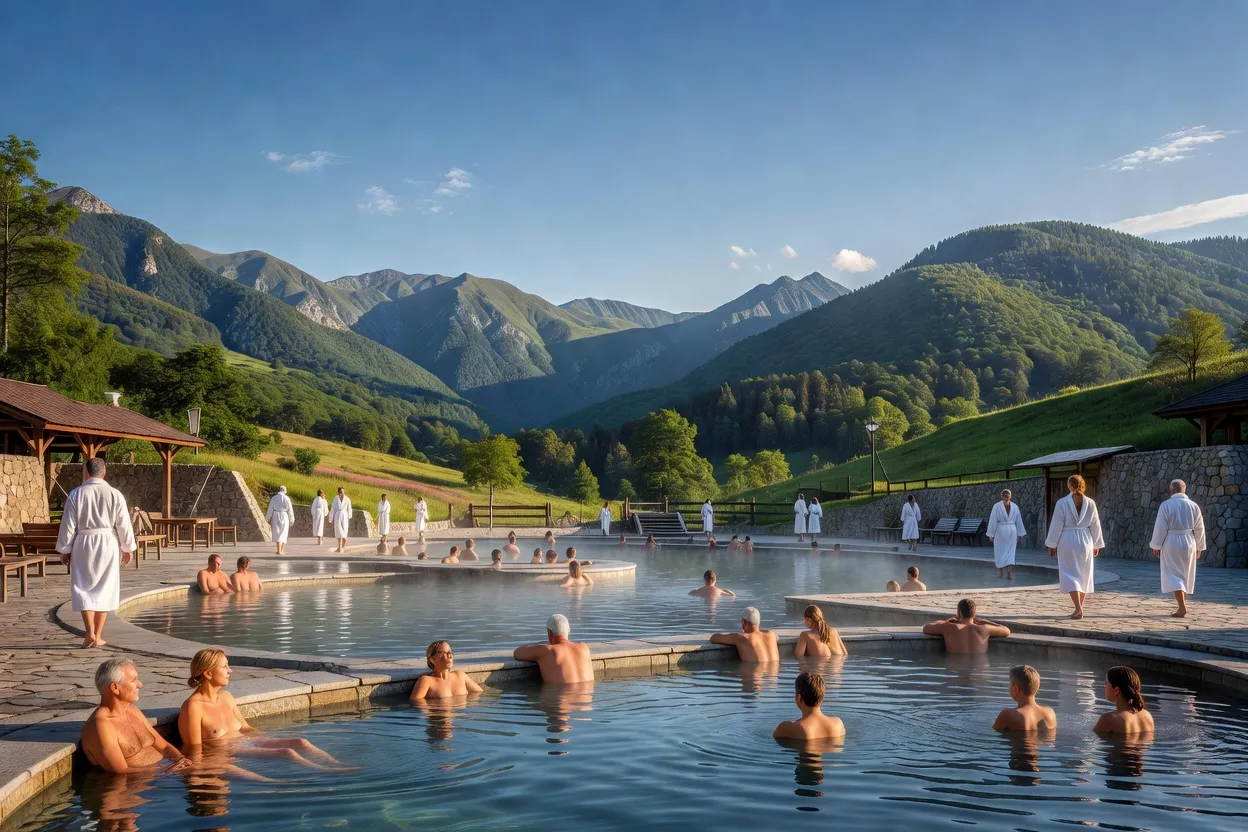 Piscine thermale exterieure a Velingrad dans les Rhodopes bulgares avec vapeur d'eau chaude