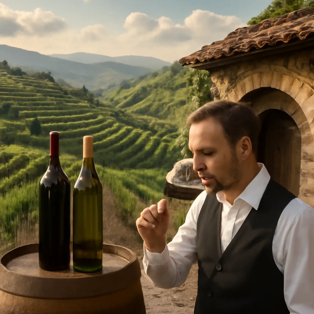 Elena Dupont sommelière française tenant un verre de vin rouge bulgare dans un vignoble de Thrace en Bulgarie