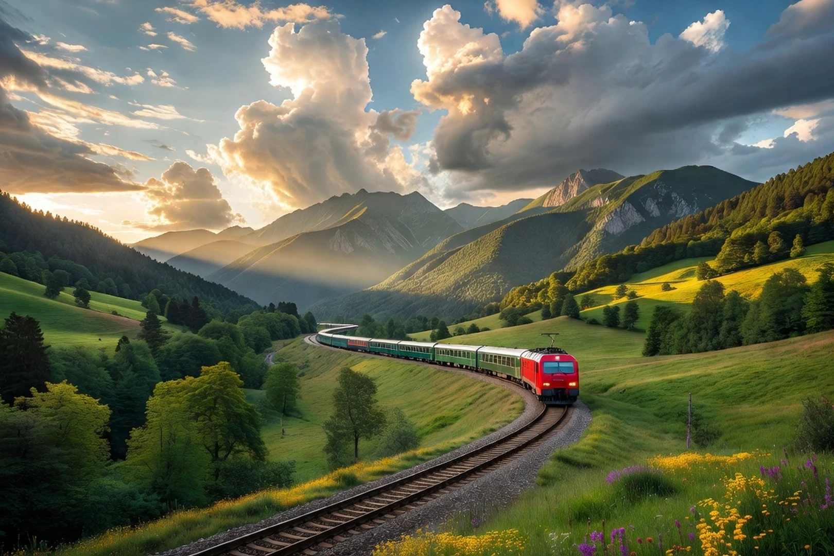 Train de voyageurs bulgare traversant une vallée verdoyante au coucher du soleil