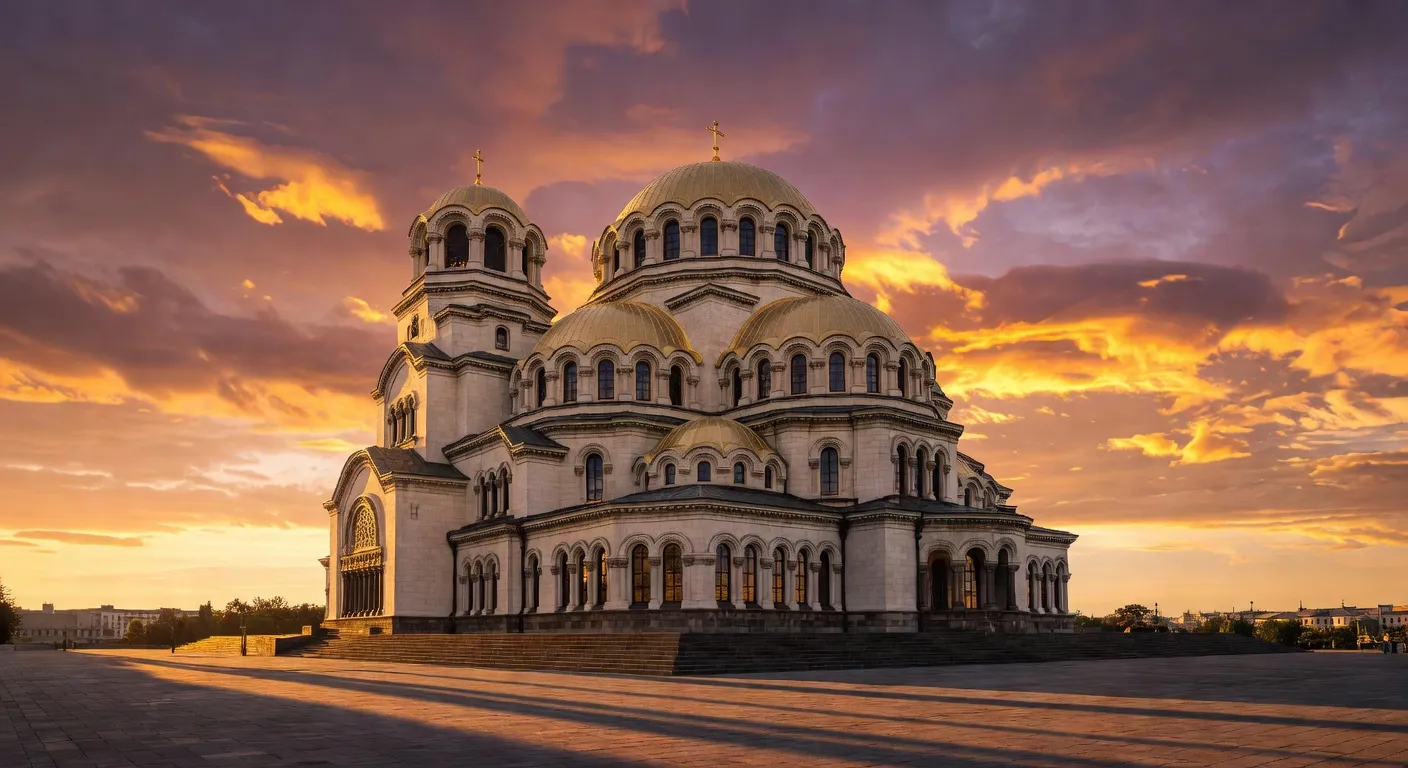La cathédrale Alexandre Nevski de Sofia illuminée au coucher du soleil