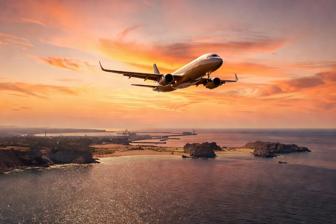Avion survolant la cote de la mer Noire bulgare pres de Bourgas au coucher du soleil