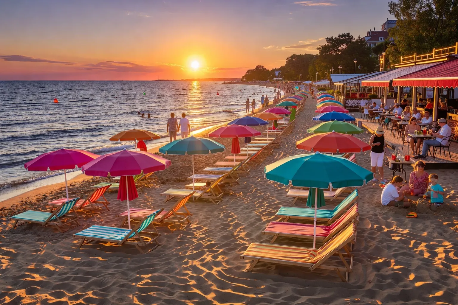 Plage centrale de Varna avec sable doré, transats et mer Noire au coucher du soleil estival