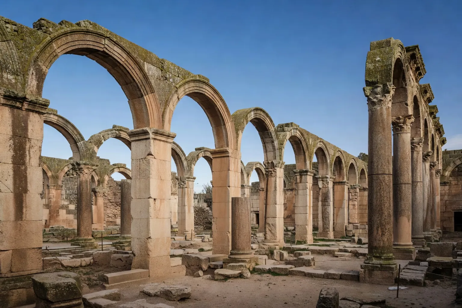 Thermes romains de Varna avec arches en pierre et colonnes du IIe siècle au cœur de la ville bulgare