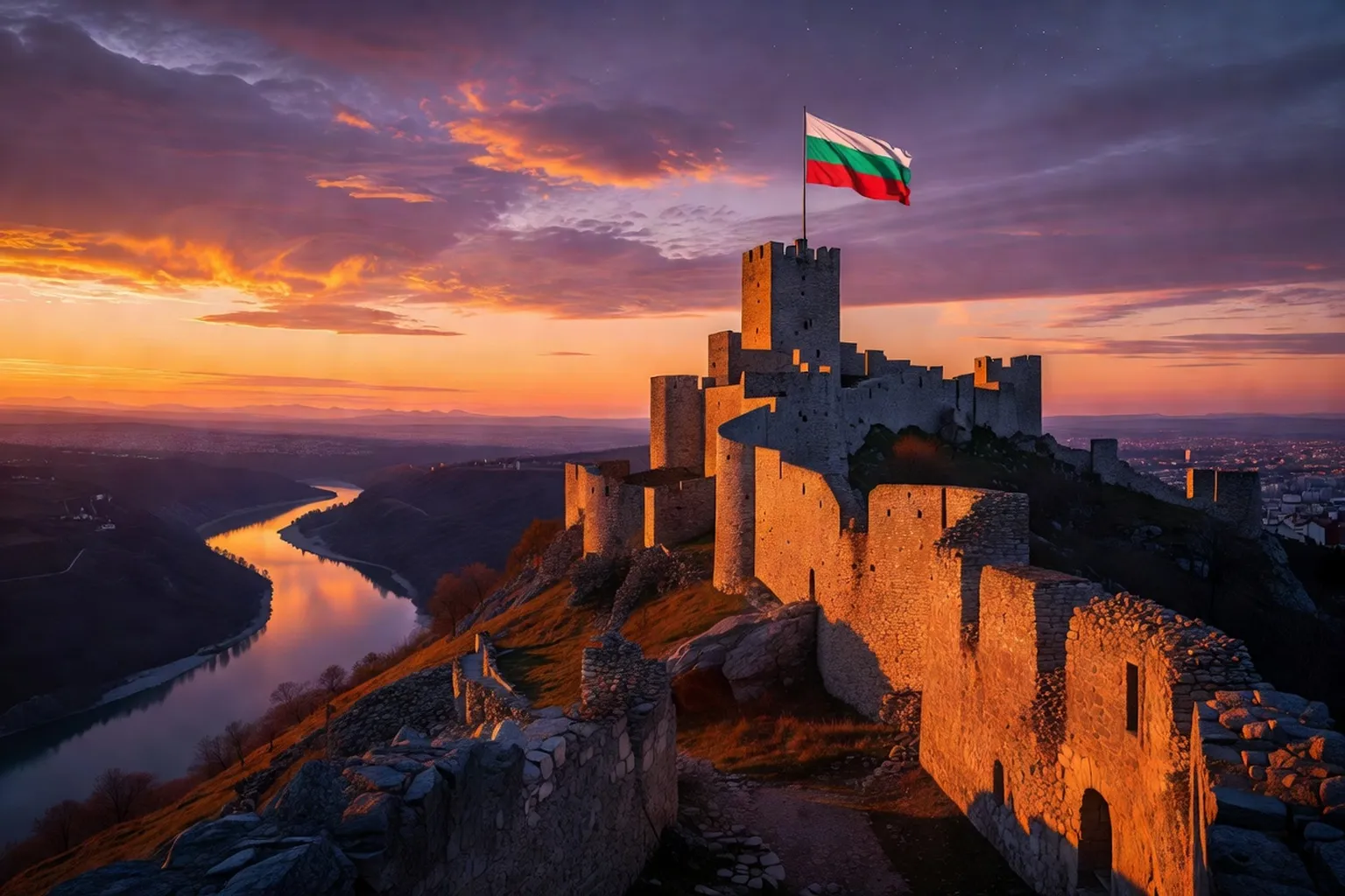 Forteresse de Tsarevets à Veliko Tarnovo avec les ruines du palais royal et le Yantra en contrebas