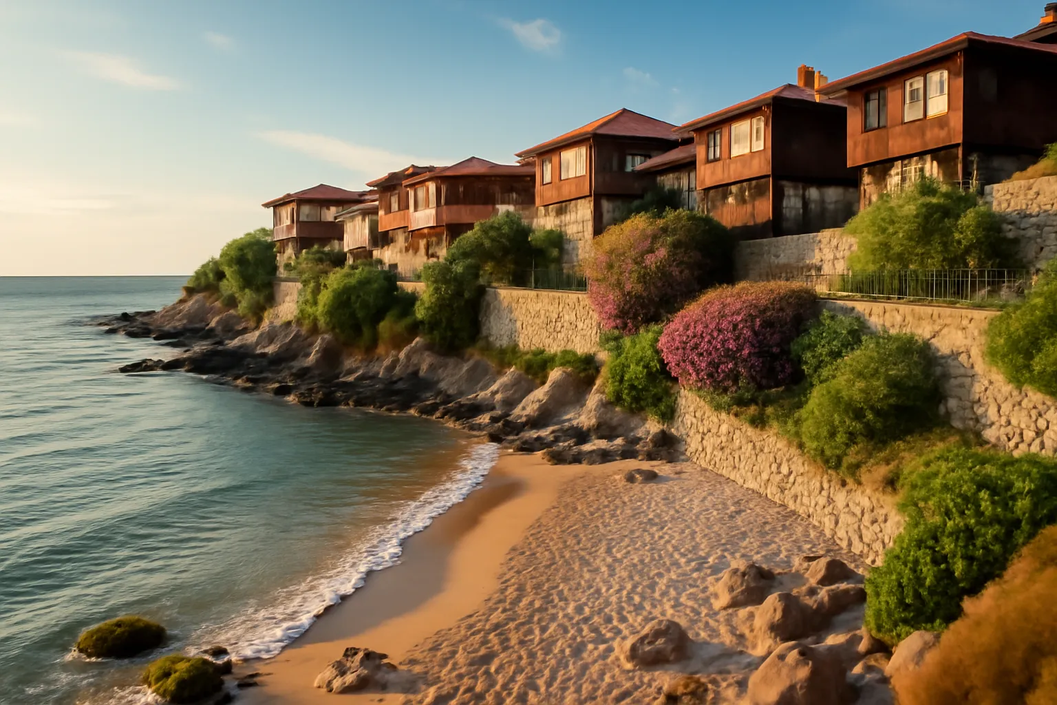 Plage de Harmanite à Sozopol avec la vieille ville en arrière-plan