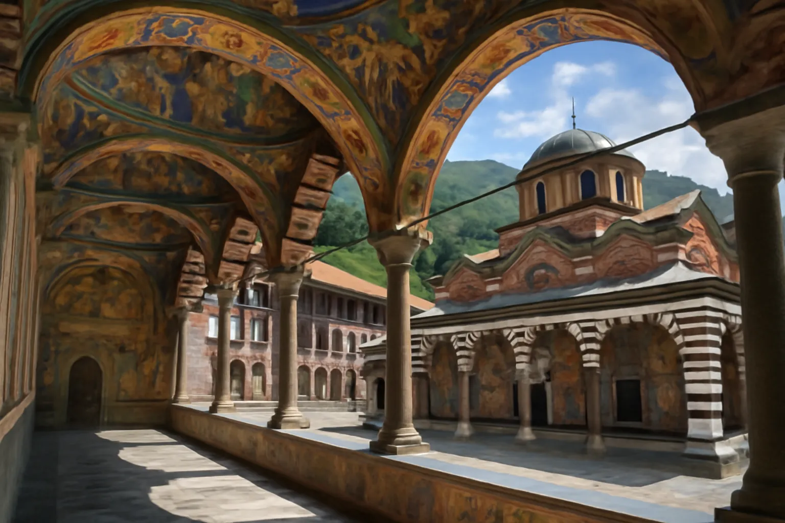 Fresques colorées et arcades du monastère de Rila en Bulgarie
